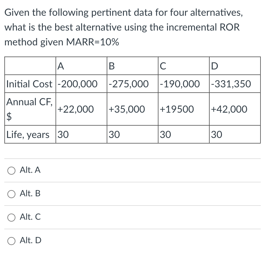 Given the following pertinent data for four alternatives,
what is the best alternative using the incremental ROR
method given MARR=10%
Initial Cost
Annual CF,
$
Life, years 30
O Alt. A
Alt. B
O Alt. C
A
O Alt. D
B
+22,000 +35,000
с
-200,000 -275,000 -190,000 -331,350
30
D
+19500 +42,000
30
30