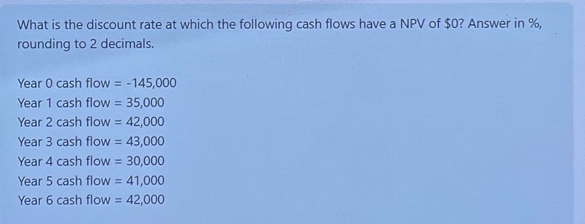 What is the discount rate at which the following cash flows have a NPV of $0? Answer in %,
rounding to 2 decimals.
Year 0 cash flow = -145,000
Year 1 cash flow = 35,000
Year 2 cash flow = 42,000
Year 3 cash flow = 43,000
Year 4 cash flow = 30,000
Year 5 cash flow = 41,000
Year 6 cash flow = 42,000