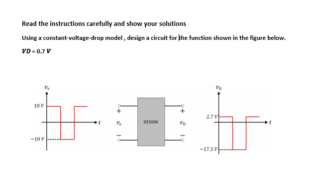 Read the instructions carefully and show your solutions
Using a constant-voltage-drop model , design a circuit for the function shown in the figure below.
VD = 0.7 V
Vs
vo
10 V
2.7 V
Vs
DESIGN
vo
-10 V
-17.3 V
