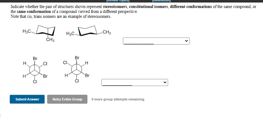 Indicate whether the pair of structures shown represent stereoisomers, constitutional isomers, different conformations of the same compound, or
the same conformation of a compound viewed from a different perspective.
Note that cis, trans isomers are an example of stereoisomers.
H3C.
H3C.
-CH3
ČH3
Br
Br
H.
Br
Br
9 more group attempts remaining
Submit Answer
Retry Entire Group
>
>
