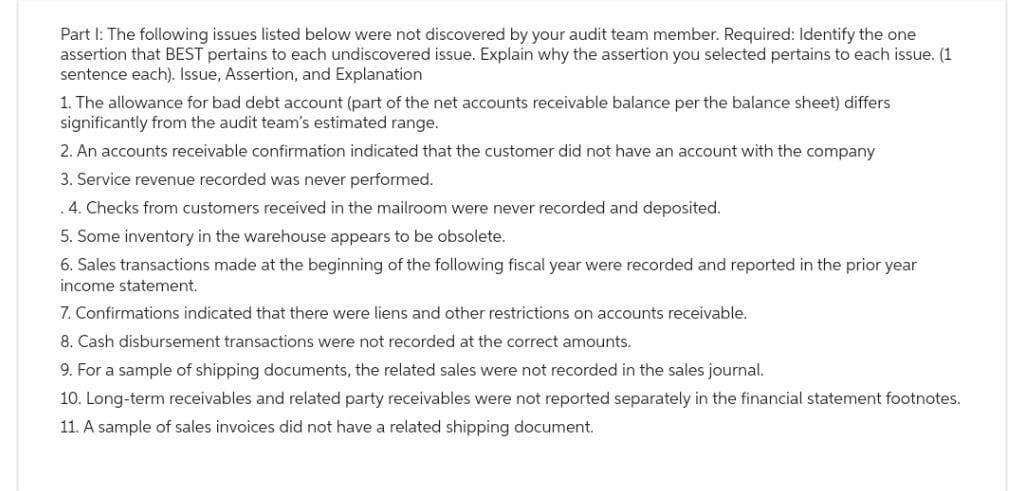 Part I: The following issues listed below were not discovered by your audit team member. Required: Identify the one
assertion that BEST pertains to each undiscovered issue. Explain why the assertion you selected pertains to each issue. (1
sentence each). Issue, Assertion, and Explanation
1. The allowance for bad debt account (part of the net accounts receivable balance per the balance sheet) differs
significantly from the audit team's estimated range.
2. An accounts receivable confirmation indicated that the customer did not have an account with the company
3. Service revenue recorded was never performed.
4. Checks from customers received in the mailroom were never recorded and deposited.
5. Some inventory in the warehouse appears to be obsolete.
6. Sales transactions made at the beginning of the following fiscal year were recorded and reported in the prior year
income statement.
7. Confirmations indicated that there were liens and other restrictions on accounts receivable.
8. Cash disbursement transactions were not recorded at the correct amounts.
9. For a sample of shipping documents, the related sales were not recorded in the sales journal.
10. Long-term receivables and related party receivables were not reported separately in the financial statement footnotes.
11. A sample of sales invoices did not have a related shipping document.