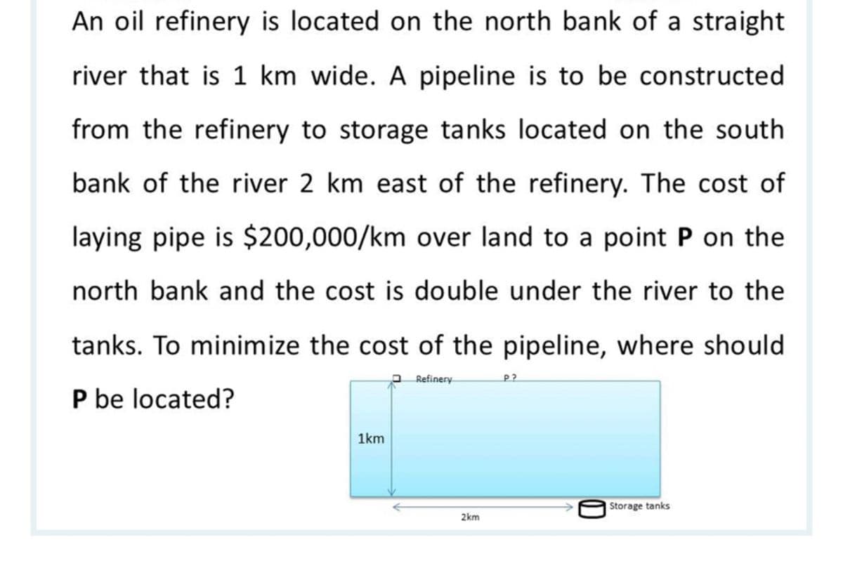 An oil refinery is located on the north bank of a straight
river that is 1 km wide. A pipeline is to be constructed
from the refinery to storage tanks located on the south
bank of the river 2 km east of the refinery. The cost of
laying pipe is $200,000/km over land to a point P on the
north bank and the cost is double under the river to the
tanks. To minimize the cost of the pipeline, where should
O Refinery
P be located?
1km
Storage tanks
2km
