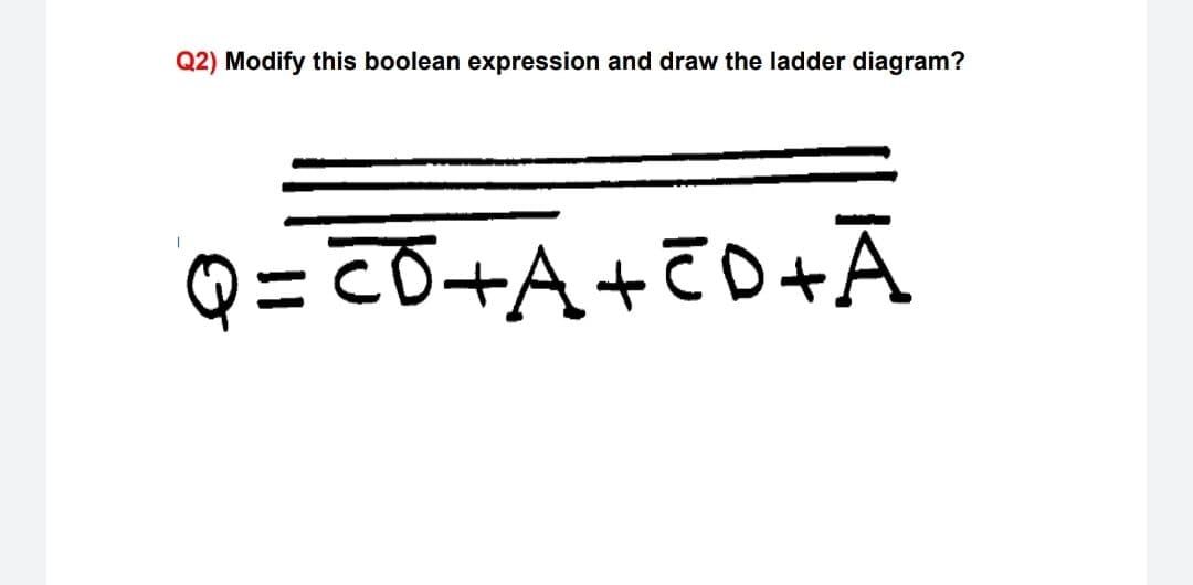 Q2) Modify this boolean expression and draw the ladder diagram?
Q= c0+A++Ā
%3D
