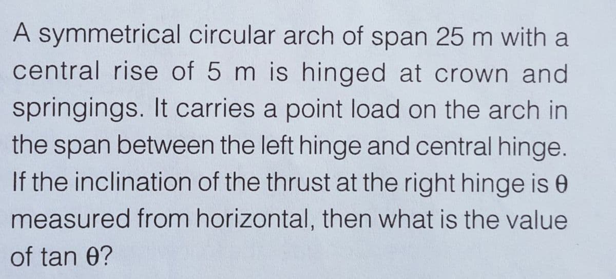 A symmetrical circular arch of span 25m with a
central rise of 5 m is hinged at crown and
springings. It carries a point load on the arch in
the span between the left hinge and central hinge.
If the inclination of the thrust at the right hinge is 0
measured from horizontal, then what is the value
of tan 0?
