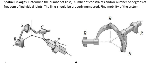 Spatial Linkages: Determine the number of links, number of constraints and/or number of degrees of
freedom of individual joints. The links should be properly numbered. Find mobility of the system.
R
S.
R
R
R
3.
4.
