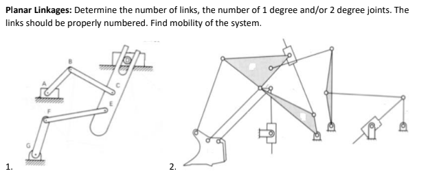 Planar Linkages: Determine the number of links, the number of 1 degree and/or 2 degree joints. The
links should be properly numbered. Find mobility of the system.
1.
2.

