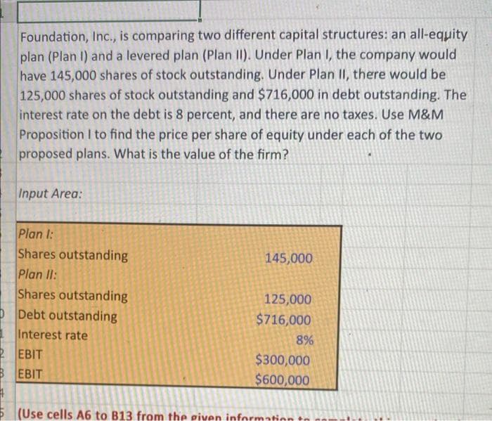 Foundation, Inc., is comparing two different capital structures: an all-equity
plan (Plan I) and a levered plan (Plan II). Under Plan I, the company would
have 145,000 shares of stock outstanding. Under Plan II, there would be
125,000 shares of stock outstanding and $716,000 in debt outstanding. The
interest rate on the debt is 8 percent, and there are no taxes. Use M&M
Proposition I to find the price per share of equity under each of the two
proposed plans. What is the value of the firm?
Input Area:
Plan 1:
Shares outstanding
Plan II:
Shares outstanding
Debt outstanding
Interest rate
2 ЕВIТ
BEBIT
145,000
125,000
$716,000
8%
$300,000
$600,000
1
5 (Use cells A6 to B13 from the given information
