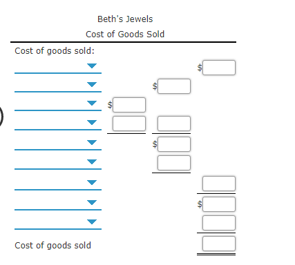Beth's Jewels
Cost of Goods Sold
Cost of goods sold:
Cost of goods sold
%24
%24
%24
%24
