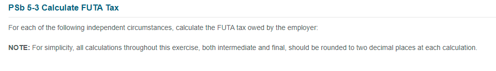 PSb 5-3 Calculate FUTA Tax
For each of the following independent circumstances, calculate the FUTA tax owed by the employer:
NOTE: For simplicity, all calculations throughout this exercise, both intermediate and final, should be rounded to two decimal places at each calculation.
