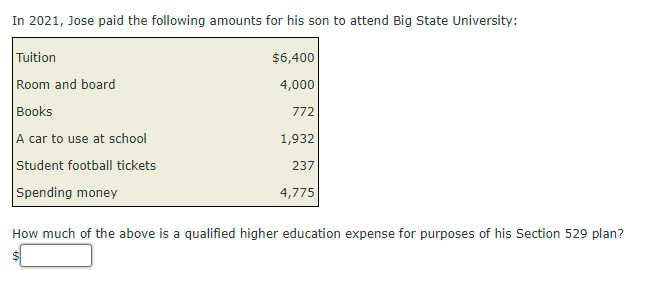 In 2021, Jose paid the following amounts for his son to attend Big State University:
Tuition
$6,400
Room and board
4,000
Books
772
A car to use at school
Student football tickets
1,932
237
Spending money
4,775
How much of the above is a qualified higher education expense for purposes of his Section 529 plan?
