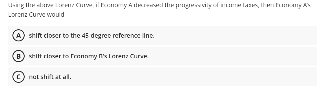 Using the above Lorenz Curve, if Economy A decreased the progressivity of income taxes, then Economy A's
Lorenz Curve would
A shift closer to the 45-degree reference line.
B
shift closer to Economy B's Lorenz Curve.
not shift at all.