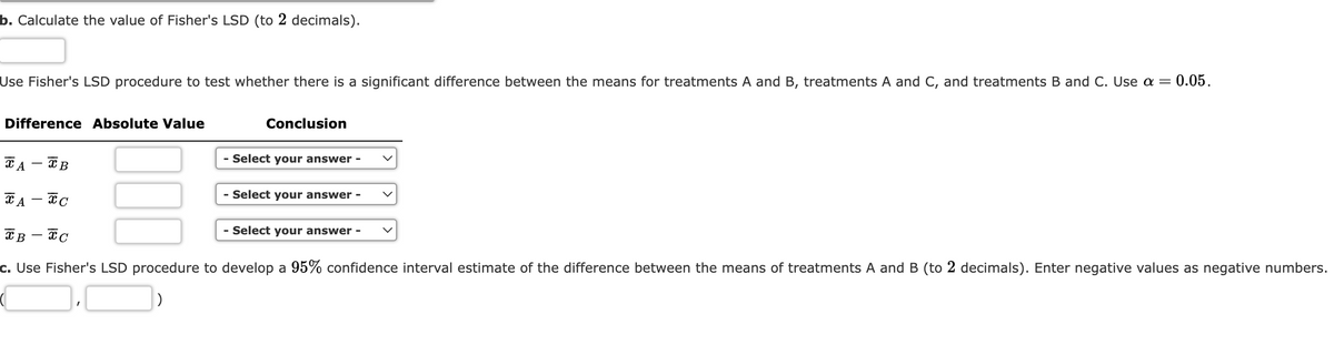 b. Calculate the value of Fisher's LSD (to 2 decimals).
Use Fisher's LSD procedure to test whether there is a significant difference between the means for treatments A and B, treatments A and C, and treatments B and C. Use a =
= 0.05.
Difference Absolute Value
Conclusion
- Select your answer -
ХА - ХВ
ХА - Хc
Хв-хс
c. Use Fisher's LSD procedure to develop a 95% confidence interval estimate of the difference between the means of treatments A and B (to 2 decimals). Enter negative values as negative numbers.
- Select your answer -
- Select your answer -