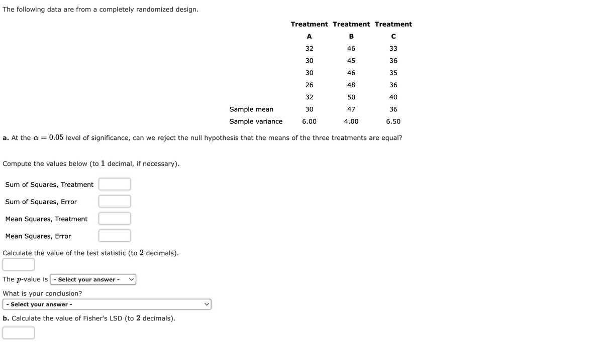 The following data are from a completely randomized design.
Sample mean
Sample variance
a. At the a = 0.05 level of significance, can we reject the null hypothesis that the means of the three treatments are equal?
Compute the values below (to 1 decimal, if necessary).
Sum of Squares, Treatment
Sum of Squares, Error
Mean Squares, Treatment
0000
Mean Squares, Error
Calculate the value of the test statistic (to 2 decimals).
Treatment Treatment Treatment
A
B
C
32
46
33
30
45
36
30
46
35
26
48
36
32
50
40
30
47
36
6.00
4.00
6.50
The p-value is - Select your answer -
What is your conclusion?
- Select your answer -
b. Calculate the value of Fisher's LSD (to 2 decimals).