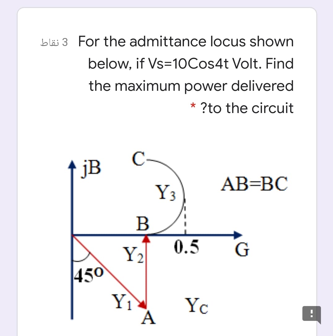 bläs 3 For the admittance locus shown
below, if Vs=10Cos4t Volt. Find
the maximum power delivered
?to the circuit
