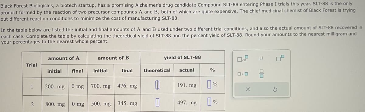 Black Forest Biologicals, a biotech startup, has a promising Alzheimer's drug candidate Compound SLT-88 entering Phase I trials this year. SLT-88 is the only
product formed by the reaction of two precursor compounds. and B, both of which are quite expensive. The chief medicinal chemist of Black Forest is trying
out different reaction conditions to minimize the cost of manufacturing SLT-88.
In the table below are listed the initial and final amounts of A and B used under two different trial conditions, and also the actual amount of SLT-88 recovered in
each case. Complete the table by calculating the theoretical yield of SLT-88 and the percent yield of SLT-88. Round your amounts to the nearest milligram and
your percentages to the nearest whole percent.
Trial
1
2
amount of A
initial final
200. mg
800. mg
amount of B
0 mg
initial
0 mg 700. mg
500. mg
final
476. mg
345. mg
yield of SLT-88
theoretical
0
actual
191. mg
497. mg
%
%
0%
0
x10
0.0
X
μ