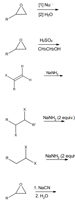 R
R
200
R
H
H
[1] Nu:
[2] H₂O
R
'R'
st
↓
X
H₂SO4
CH3CH2OH
NaNH,
NaNH, (2 equiv.)
NaNH, (2 equiw
1. NaCN
2. H₂O