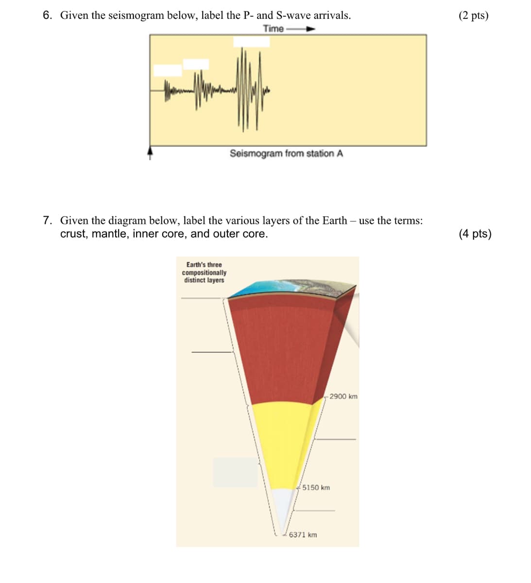 6. Given the seismogram below, label the P- and S-wave arrivals.
(2 pts)
Time
Seismogram from station A
7. Given the diagram below, label the various layers of the Earth - use the terms:
crust, mantle, inner core, and outer core.
Earth's three
compositionally
distinct layers
5150 km
6371 km
-2900 km
(4 pts)