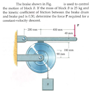 The brake shown in Fig.
is used to control
the motion of block B. If the mass of block B is 25 kg and
the kinetic coefficient of friction between the brake drum
and brake pad is 0.30, determine the force P required for a
constant-velocity descent.
200 mm
400 mm
40 mm
180 mm
90 mm
B
