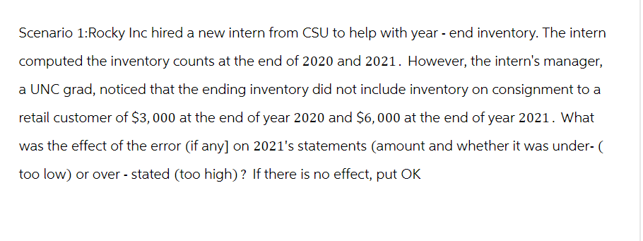 Scenario 1:Rocky Inc hired a new intern from CSU to help with year-end inventory. The intern
computed the inventory counts at the end of 2020 and 2021. However, the intern's manager,
a UNC grad, noticed that the ending inventory did not include inventory on consignment to a
retail customer of $3,000 at the end of year 2020 and $6,000 at the end of year 2021. What
was the effect of the error (if any] on 2021's statements (amount and whether it was under- (
too low) or over-stated (too high)? If there is no effect, put OK
