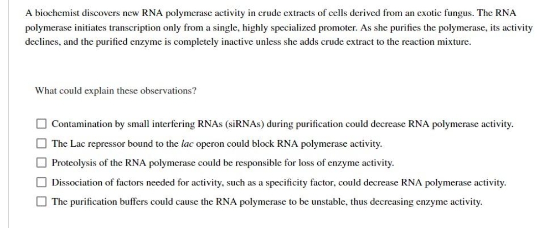 A biochemist discovers new RNA polymerase activity in crude extracts of cells derived from an exotic fungus. The RNA
polymerase initiates transcription only from a single, highly specialized promoter. As she purifies the polymerase, its activity
declines, and the purified enzyme is completely inactive unless she adds crude extract to the reaction mixture.
What could explain these observations?
Contamination by small interfering RNAs (siRNAs) during purification could decrease RNA polymerase activity.
The Lac repressor bound to the lac operon could block RNA polymerase activity.
Proteolysis of the RNA polymerase could be responsible for loss of enzyme activity.
Dissociation of factors needed for activity, such as a specificity factor, could decrease RNA polymerase activity.
The purification buffers could cause the RNA polymerase to be unstable, thus decreasing enzyme activity.