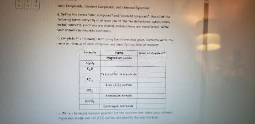 Ionic Compounds, Covalent Compounds, and Chemical Equations
a. Define the terms "ianic compound" and "covalent compound". Use all of the
following terms correctly in at least one of the two definitions cation, anion
metal, nonmetol, electrons are shared, and electrons are transferred. Write
your answers in complete sentences.
b. Complete the following chart using the information given. Correctly write the
name or formula of each compound and identify it as lo covalent
Formula
AlO₂
K₂5
PC1₂
OF
Name
Magnesium iodide
Tetrasulfur tetranitide
Iron (III) sulfide
Ammonium nitrate
Tonico Covalent?
CUCO
Dinitrogen tetroxide
c. Write o balanced chemical equation for the reaction that takes place between
magnesium iodide and iron (III) sulfide ond identify the reaction type