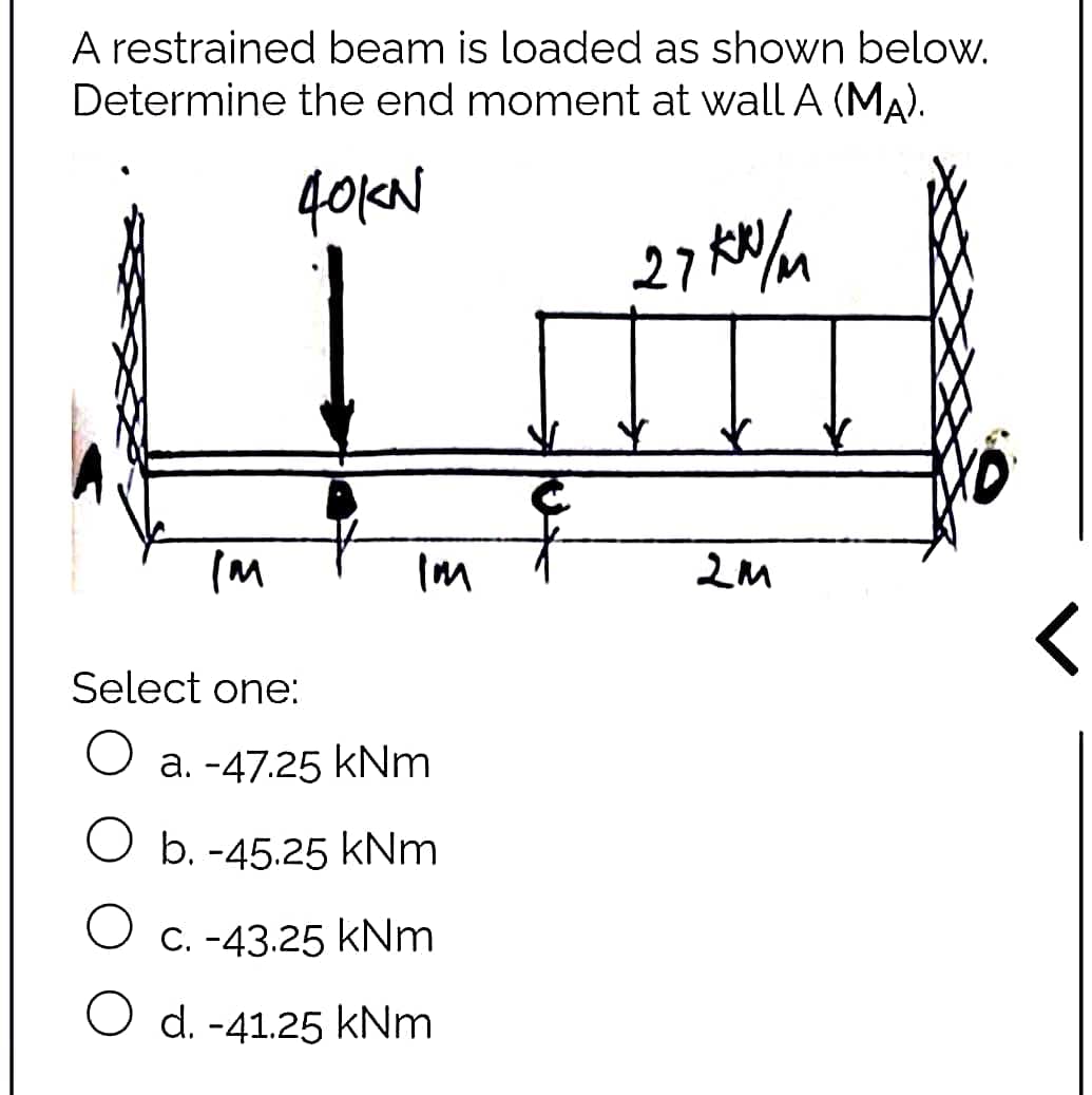 A restrained beam is loaded as shown below.
Determine the end moment at wall A (MA).
40kn
27 kr/m
IM
Select one:
O
a. -47.25 kNm
O b. -45.25 kNm
O c. -43.25 kNm
O d. -41.25 kNm
2M
<