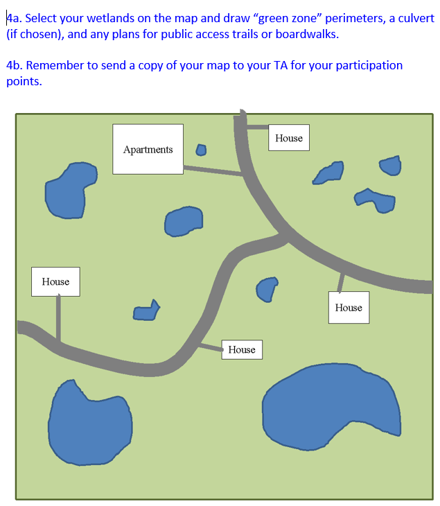 Aa. Select your wetlands on the map and draw "green zone" perimeters, a culvert
(if chosen), and any plans for public access trails or boardwalks.
4b. Remember to send a copy of your map to your TA for your participation
points.
House
Apartments
House
House
House
