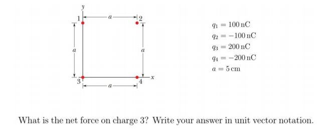 91 = 100 nC
= -100 nC
92 =
93 = 200 nC
%3D
4 = -200 nC
a =
5 cm
What is the net force on charge 3? Write your answer in unit vector notation.
