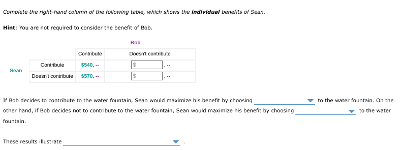 Complete the right-hand column of the following table, which shows the individual benefits of Sean.
Hint: You are not required to consider the benefit of Bob.
Bob
Contribute
Doesn't contribute
Contribute
$540, --
Sean
Doesn't contribute $570, --
2$
If Bob decides to contribute to the water fountain, Sean would maximize his benefit by choosing
to the water fountain. On the
other hand, if Bob decides not to contribute to the water fountain, Sean would maximize his benefit by choosing
to the water
fountain.
These results illustrate
