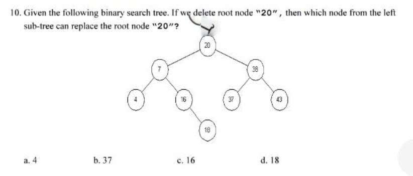 10. Given the following binary search tree. If we delete root node "20", then which node from the left
sub-tree can replace the root node "20"?
20
38
16
37
43
18
a. 4
b. 37
c. 16
d. 18
