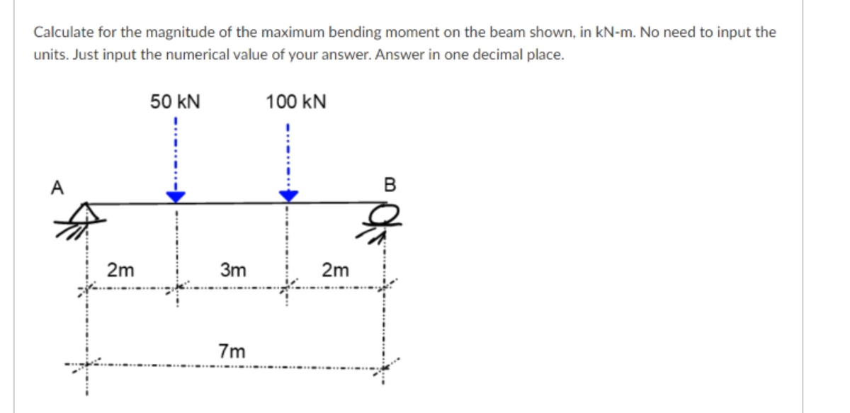 Calculate for the magnitude of the maximum bending moment on the beam shown, in kN-m. No need to input the
units. Just input the numerical value of your answer. Answer in one decimal place.
50 kN
100 kN
A
2m
3m
2m
7m
