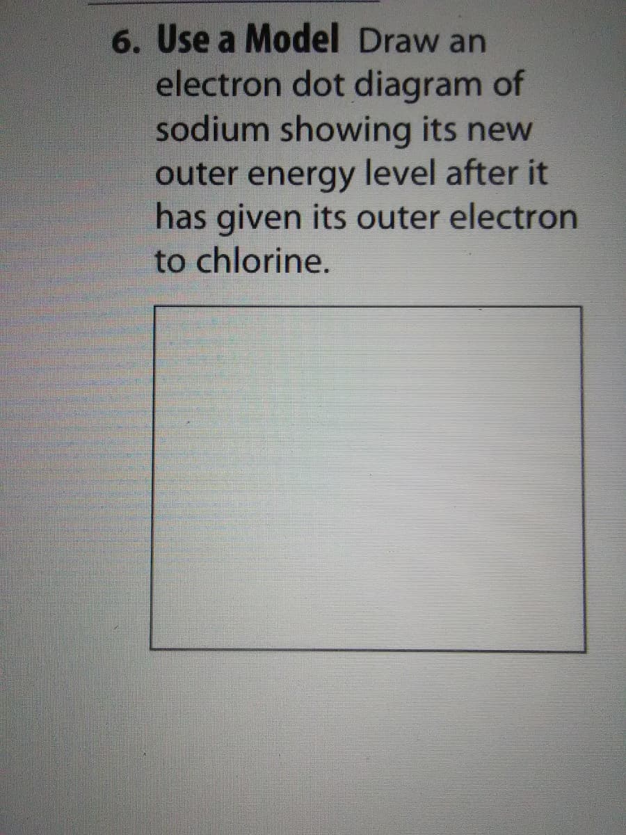 6. Use a Model Draw an
electron dot diagram of
sodium showing its new
outer energy level after it
has given its outer electron
to chlorine.
