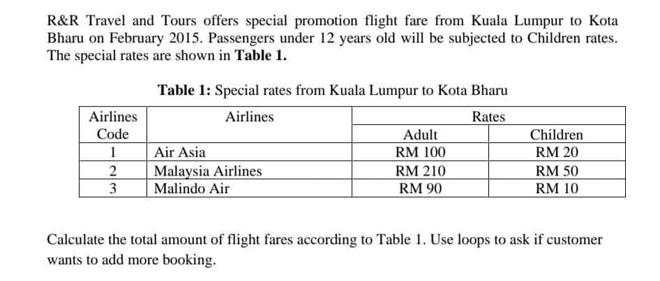 R&R Travel and Tours offers special promotion flight fare from Kuala Lumpur to Kota
Bharu on February 2015. Passengers under 12 years old will be subjected to Children rates.
The special rates are shown in Table 1.
Table 1: Special rates from Kuala Lumpur to Kota Bharu
Airlines
Airlines
Rates
Code
Adult
Children
1
Air Asia
RM 100
RM 20
Malaysia Airlines
Malindo Air
RM 210
RM 50
RM 90
RM 10
Calculate the total amount of flight fares according to Table 1. Use loops to ask if customer
wants to add more booking.
