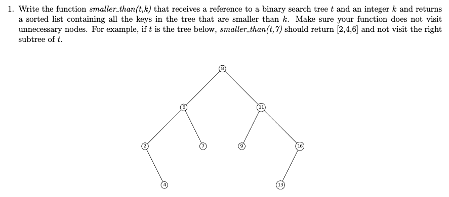 1. Write the function smaller than(t,k) that receives a reference to a binary search tree t and an integer k and returns
a sorted list containing all the keys in the tree that are smaller than k. Make sure your function does not visit
unnecessary nodes. For example, if t is the tree below, smaller than(t,7) should return [2,4,6] and not visit the right
subtree of t.
(11)
13
16