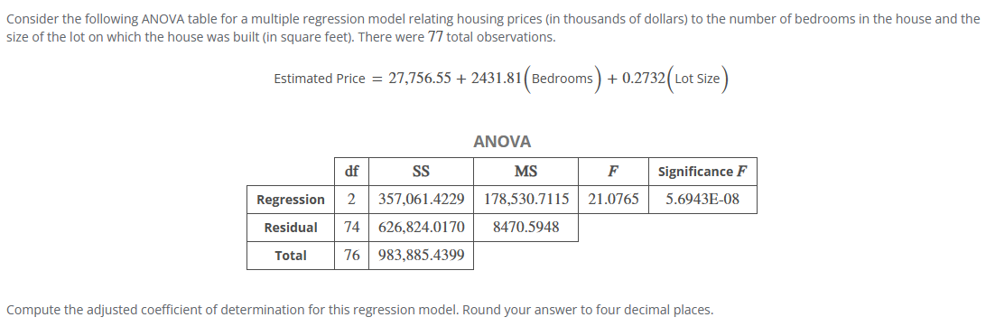 Consider the following ANOVA table for a multiple regression model relating housing prices (in thousands of dollars) to the number of bedrooms in the house and the
size of the lot on which the house was built (in square feet). There were 77 total observations.
Estimated Price = 27,756.55 + 2431.81 (Bedrooms) + 0.2732 (Lot Size)
ANOVA
df
SS
MS
F
Significance F
Regression 2 357,061.4229 178,530.7115 21.0765 5.6943E-08
Residual 74 626,824.0170
Total 76 983,885.4399
8470.5948
Compute the adjusted coefficient of determination for this regression model. Round your answer to four decimal places.
