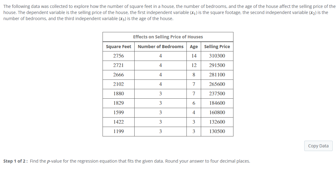 The following data was collected to explore how the number of square feet in a house, the number of bedrooms, and the age of the house affect the selling price of the
house. The dependent variable is the selling price of the house, the first independent variable (x1) is the square footage, the second independent variable (x2) is the
number of bedrooms, and the third independent variable (x3) is the age of the house.
Effects on Selling Price of Houses
Square Feet
Number of Bedrooms Age Selling Price
2756
4
14
310300
2721
4
12
291500
2666
4
8
281100
2102
4
7
265600
1880
3
7
237500
1829
3
6
184600
1599
3
4
160800
1422
3
3
132600
1199
3
3
130500
Step 1 of 2: Find the p-value for the regression equation that fits the given data. Round your answer to four decimal places.
Copy Data