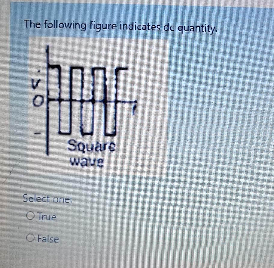 The following figure indicates dc quantity.
SQuare
wave
Select one:
O True
O False
