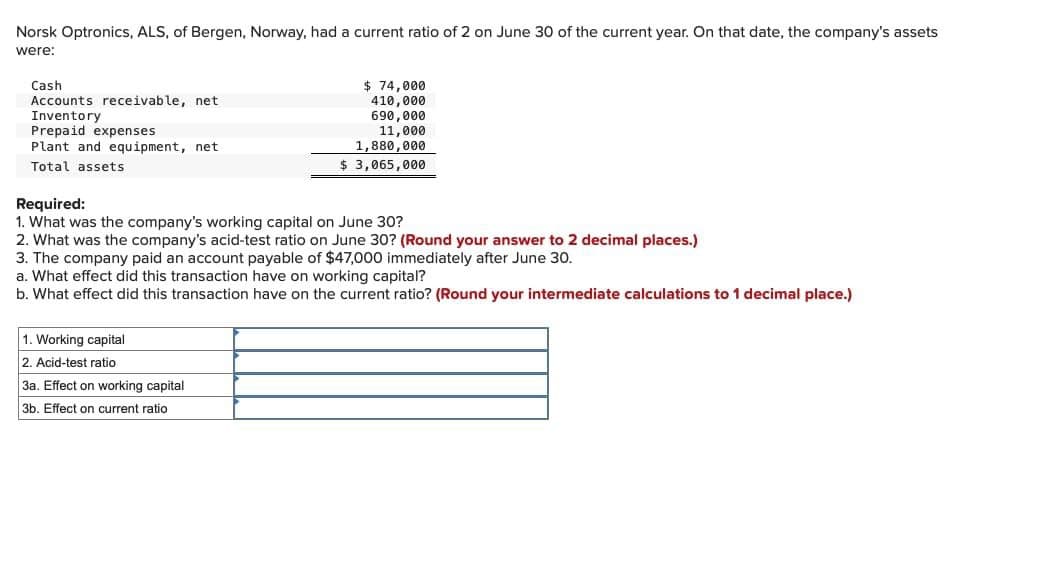 Norsk Optronics, ALS, of Bergen, Norway, had a current ratio of 2 on June 30 of the current year. On that date, the company's assets
were:
Cash
Accounts receivable, net
Inventory
Prepaid expenses
Plant and equipment, net
Total assets
$ 74,000
410,000
690,000
11,000
1,880,000
$ 3,065,000
Required:
1. What was the company's working capital on June 30?
2. What was the company's acid-test ratio on June 30? (Round your answer to 2 decimal places.)
3. The company paid an account payable of $47,000 immediately after June 30.
a. What effect did this transaction have on working capital?
b. What effect did this transaction have on the current ratio? (Round your intermediate calculations to 1 decimal place.)
1. Working capital
2. Acid-test ratio
3a. Effect on working capital
3b. Effect on current ratio