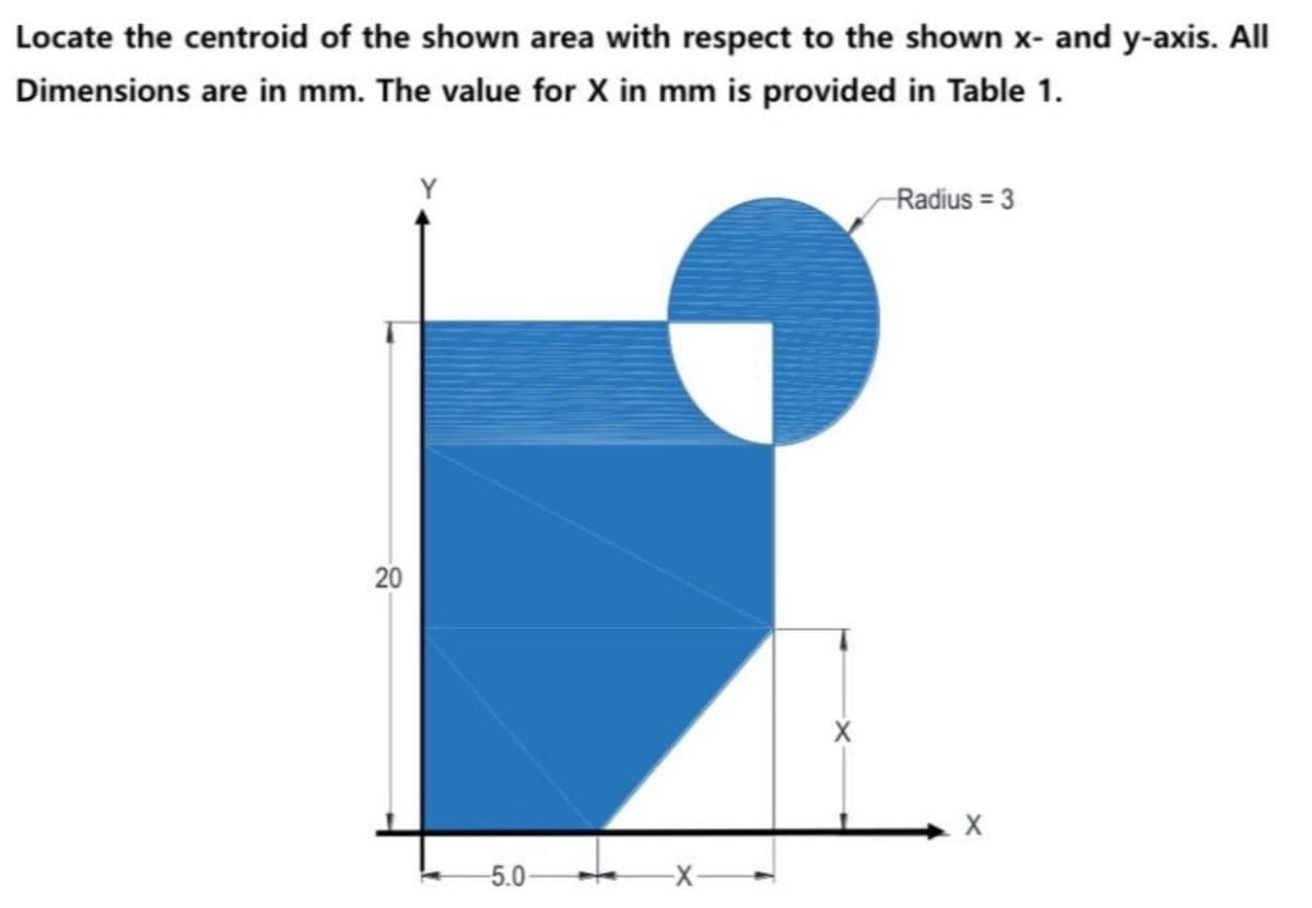 Locate the centroid of the shown area with respect to the shown x- and y-axis. All
Dimensions are in mm. The value for X in mm is provided in Table 1.
Y
Radius = 3
20
5.0
