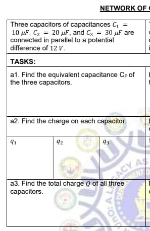 NETWORK OF
Three capacitors of capacitances C =
10 µF, C2 = 20 uF, and C3 = 30 µF are
connected in parallel to a potential
difference of 12 V.
%3D
TASKS:
a1. Find the equivalent capacitance CP of
the three capacitors.
a2. Find the charge on each capacitor.
91
42
93
a3. Find the total charge Q of all three
capacitors.
NENT
A L
