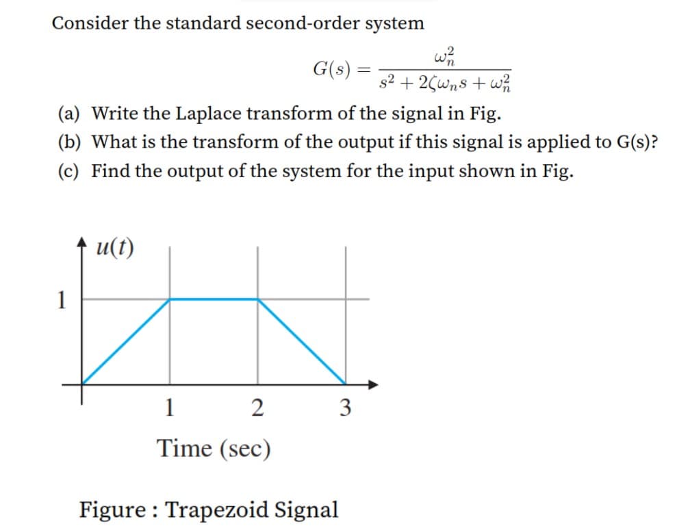 Consider the standard second-order system
G(s) =
s2
%3D
+ 2Çwns + w
(a) Write the Laplace transform of the signal in Fig.
(b) What is the transform of the output if this signal is applied to G(s)?
(c) Find the output of the system for the input shown in Fig.
u(t)
1
1
2
3
Time (sec)
Figure : Trapezoid Signal
