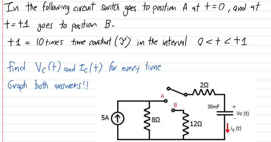In the following circuit switch goes to postion A at t=0, and at
+= +1 goes to pation B.
to position A at t=0, and at
+1 = 10 times time costaunt (♡) im the interval
e<+<t1
find VcCt) and Iclt) for every time
Graph both answers!
A
30mF
Vc (t)
5A (1)
8Ω
122
Hice)
