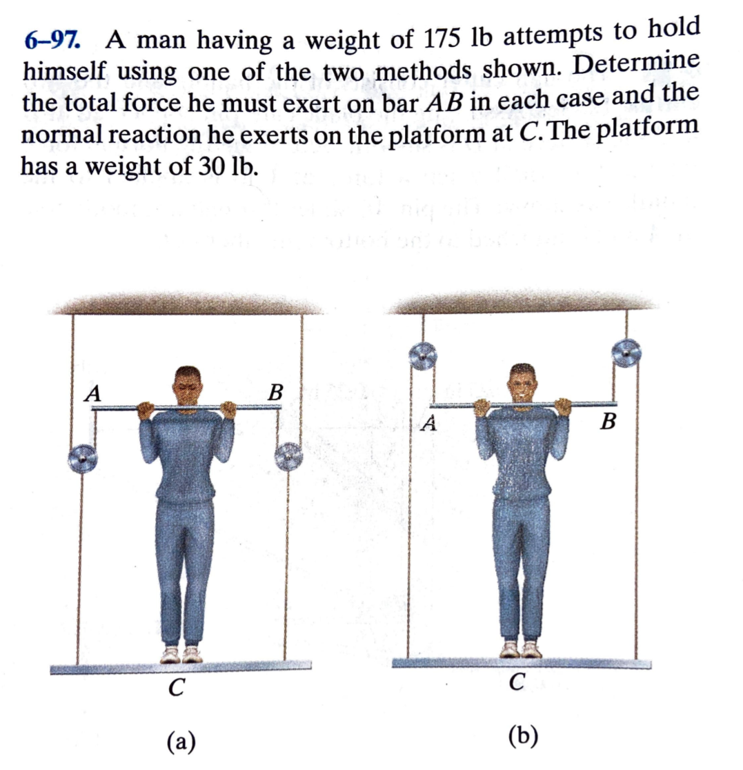 6-97. A man having a weight of 175 lb attempts to hold
himself using one of the two methods shown. Determine
the total force he must exert on bar AB in each case and the
normal reaction he exerts on the platform at C.The platform
has a weight of 30 lb.
A
B
В
C
C
(а)
(b)
