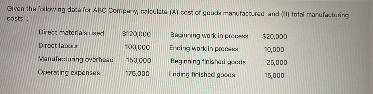 Given the following data for ABC Company, calculate (A) cost of goods manufactured and (B) total manufacturing
costs :
Direct materials used
$120,000
Beginning work in process
$20,000
Direct labour
100,000
Ending work in process
10,000
Manufacturing overhead
150,000
Beginning finished goods
25,000
Operating expenses
175,000
Ending finished goods
15,000
