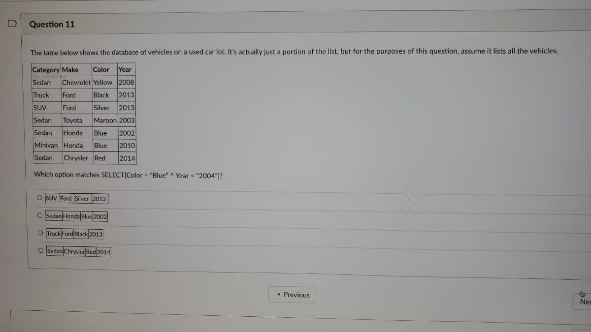 Question 11
The table below shows the database of vehicles on a used car lot. It's actually just a portion of the list, but for the purposes of this question, assume it lists all the vehicles.
Category Make Color
Year
Sedan Chevrolet Yellow 2008
Truck Ford Black 2013
SUV Ford
Silver 2013
Sedan Toyota Maroon 2003
Sedan Honda Blue 2002
2010
Minivan Honda Blue
Sedan Chrysler Red 2014
Which option matches SELECT[Color = "Blue" ^ Year < "2004"]?
O SUV Ford Silver 2013
O Sedan Honda Blue 2002
O Truck Ford Black 2013
O Sedan Chrysler Red 2014
◄ Previous
Nex
