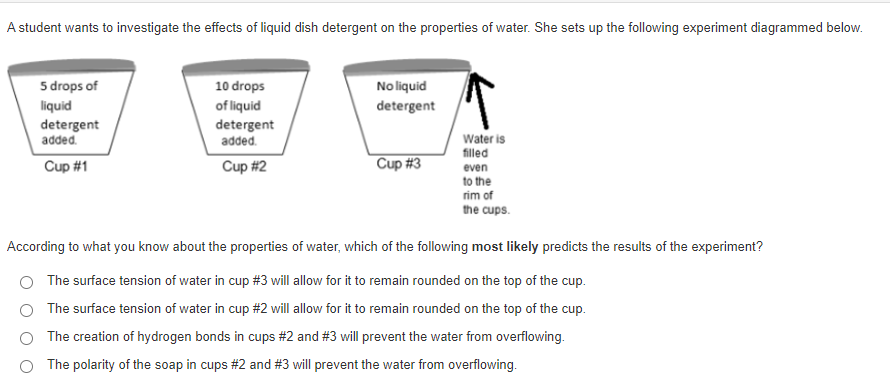 A student wants to investigate the effects of liquid dish detergent on the properties of water. She sets up the following experiment diagrammed below.
5 drops of
10 drops
No liquid
liquid
detergent
added.
of liquid
detergent
detergent
added.
Water is
filled
Cup #1
Cup #2
Cup #3
even
to the
rim of
the cups.
According to what you know about the properties of water, which of the following most likely predicts the results of the experiment?
The surface tension of water in cup #3 will allow for it to remain rounded on the top of the cup.
The surface tension of water in cup #2 will allow for it to remain rounded on the top of the cup.
The creation of hydrogen bonds in cups #2 and #3 will prevent the water from overflowing.
The polarity of the soap in cups #2 and #3 will prevent the water from overflowing.
