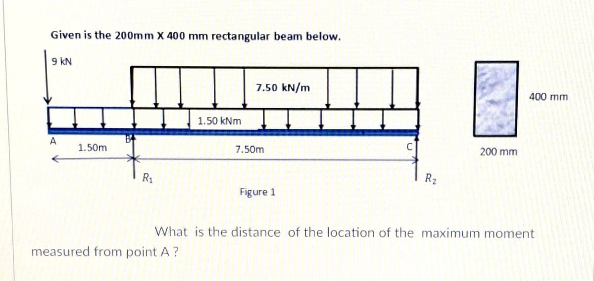 Given is the 200mm X 400 mm rectangular beam below.
9 kN
7.50 kN/m
400 mm
1.50 kNm
A
1.50m
7.50m
C
200 mm
R1
R2
Figure 1
What is the distance of the location of the maximum moment
measured from point A ?
