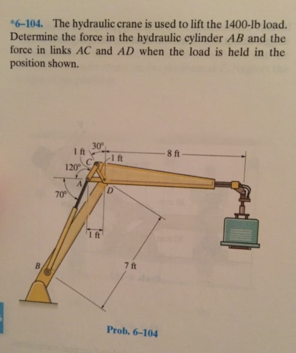 *6-104. The hydraulic crane is used to lift the 1400-lb load.
Determine the force in the hydraulic cylinder AB and the
force in links AC and AD when the load is held in the
position shown.
B
1 ft
120°
70°
A
30⁰
1 ft
7 ft
Prob. 6-104
8 ft.
