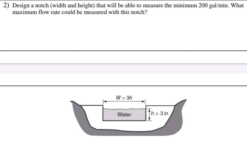 2) Design a notch (width and height) that will be able to measure the minimum 200 gal/min. What
maximum flow rate could be measured with this notch?
W > 3h
Water
h> 3 in
