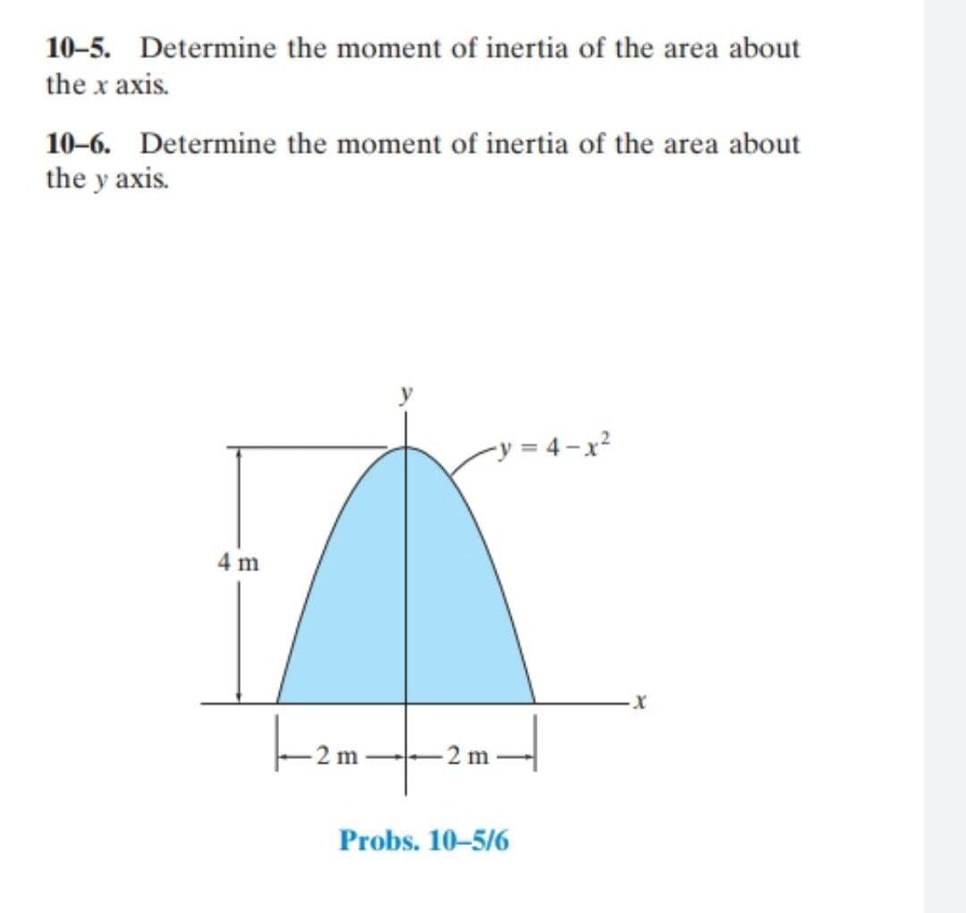 10-5. Determine the moment of inertia of the area about
the x axis.
10-6. Determine the moment of inertia of the area about
the y axis.
-y = 4 – x²
4 m
m
Probs. 10-5/6
